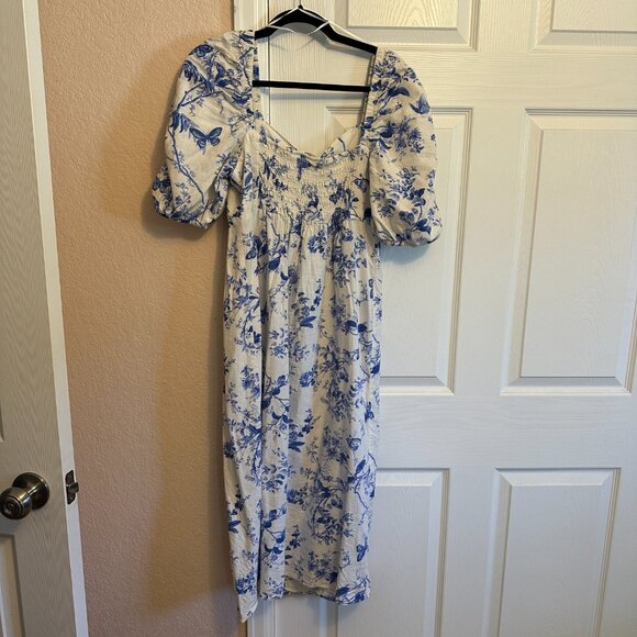 H&M MAMA Linen-blend Dress Blue and White, Sweetheart Neckline Size Medium - Picture 4 of 4